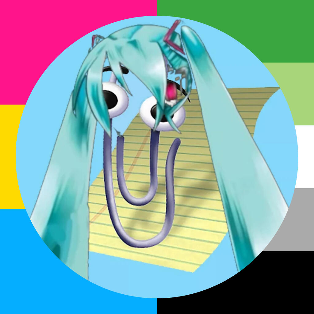 An image of Microsoft Word's Clippy with Hatsune Miku's hair surrounded by a border made of the pansexual and aromantic flags
